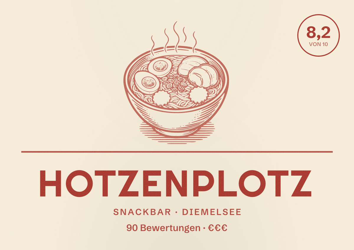 Illustriertes Poster von Hotzenplotz, Snackbar in Diemelsee: Bewertung 8,2 von 10 aus 90 Bewertungen, Preisniveau €€€