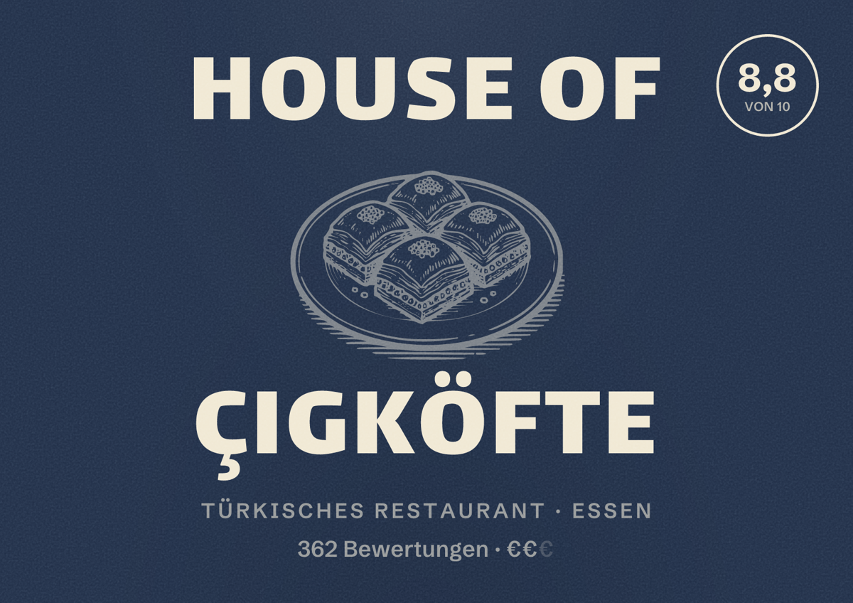 Illustriertes Poster von House of Çigköfte, Türkisches Restaurant in Essen: Bewertung 8,8 von 10 aus 362 Bewertungen, Preisniveau €€