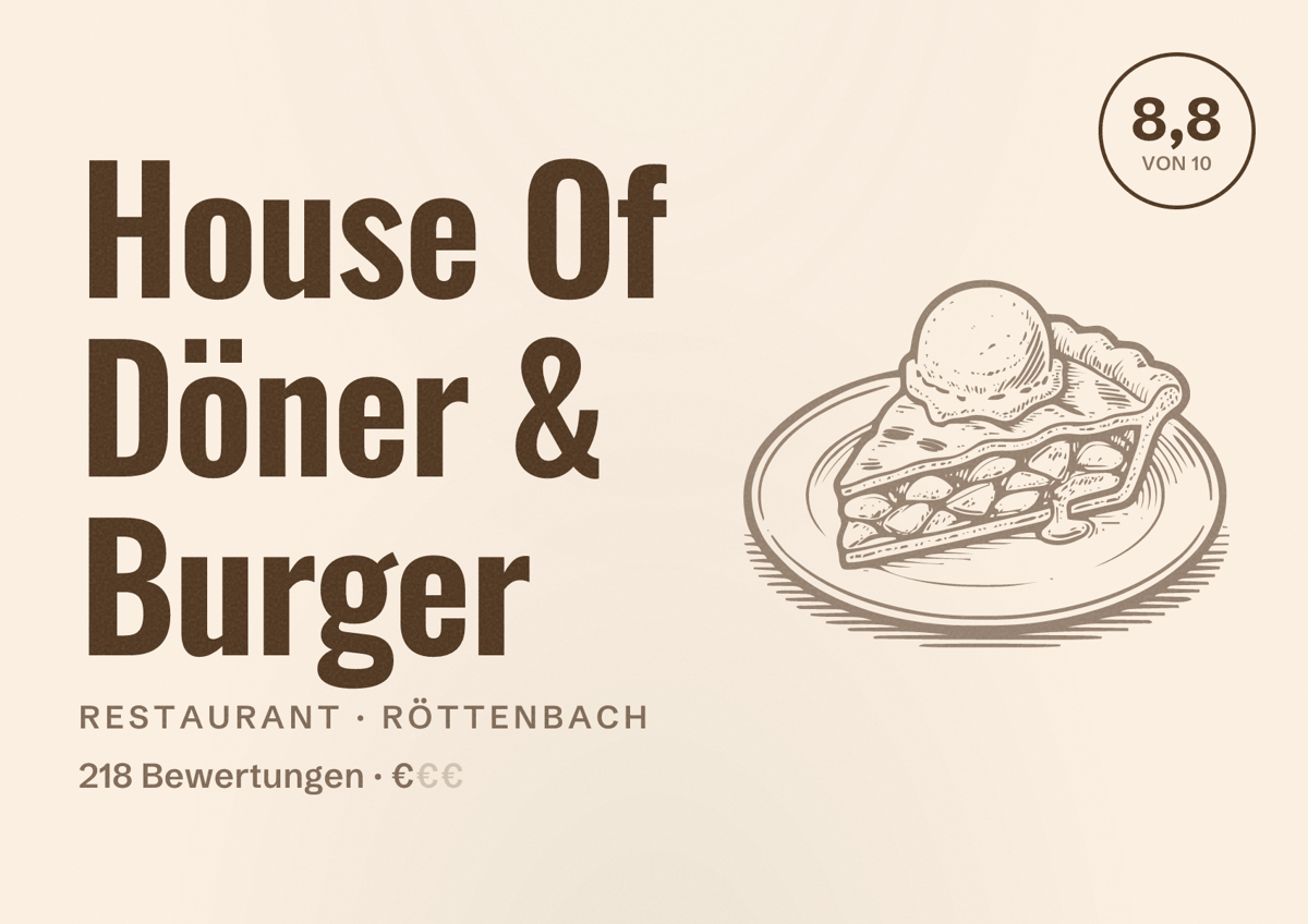 Illustriertes Poster von House Of Döner & Burger, Restaurant in Röttenbach: Bewertung 8,8 von 10 aus 218 Bewertungen, Preisniveau €