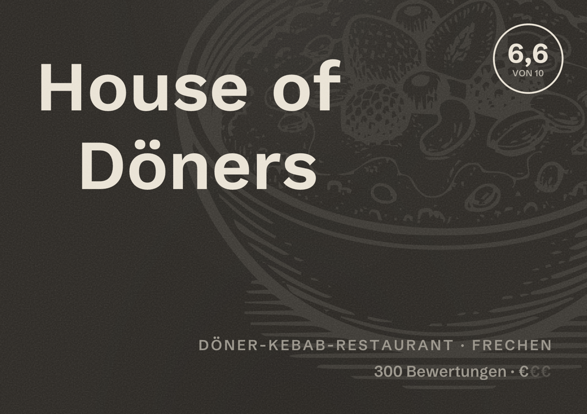 Illustriertes Poster von House of Döners, Döner-Kebab-Restaurant in Frechen: Bewertung 6,6 von 10 aus 300 Bewertungen, Preisniveau €