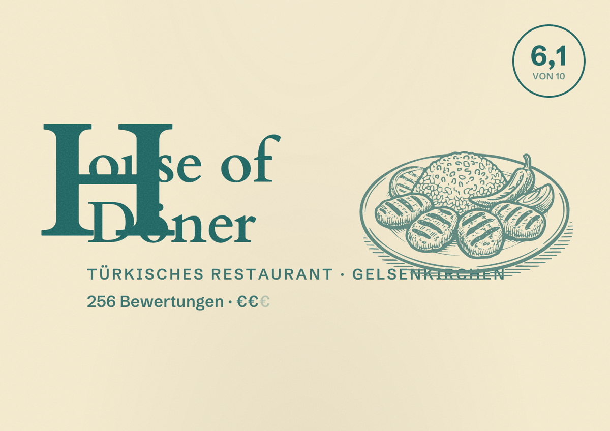Illustriertes Poster von House of Döner, Türkisches Restaurant in Gelsenkirchen: Bewertung 6,1 von 10 aus 256 Bewertungen, Preisniveau €€