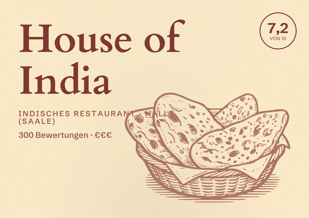 Illustriertes Poster von House of India, Indisches Restaurant in Halle (Saale): Bewertung 7,2 von 10 aus 300 Bewertungen, Preisniveau €€€