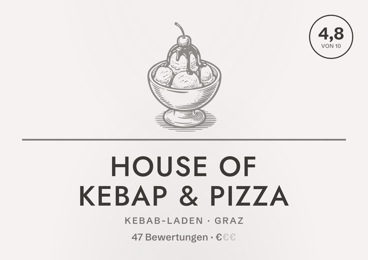 Illustriertes Poster von House of Kebap & Pizza, Kebab-Laden in Graz: Bewertung 4,8 von 10 aus 47 Bewertungen, Preisniveau €