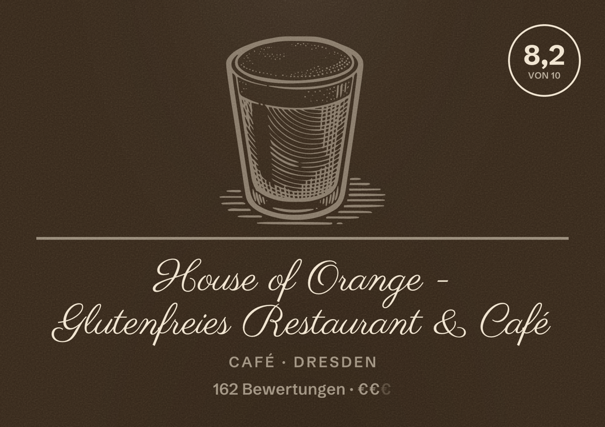 Illustriertes Poster von House of Orange - Glutenfreies Restaurant & Café, Café in Dresden: Bewertung 8,2 von 10 aus 162 Bewertungen, Preisniveau €€