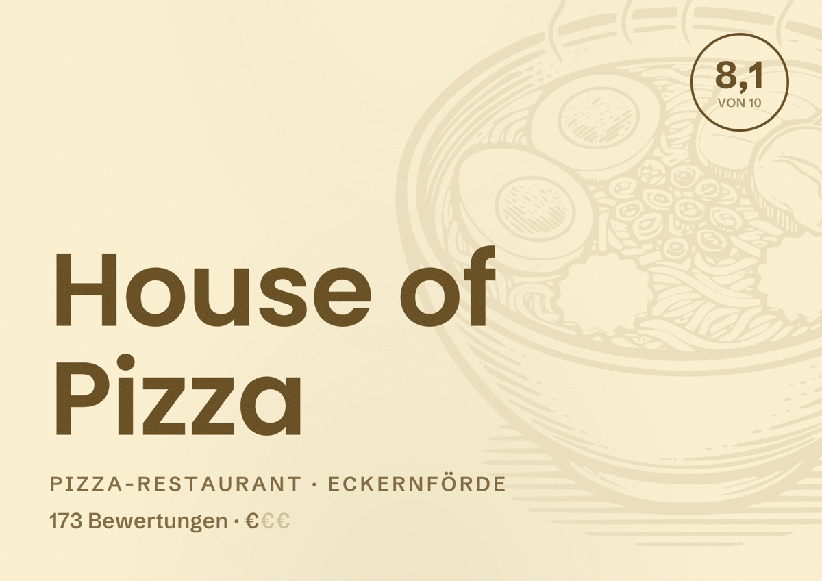 Illustriertes Poster von House of Pizza, Pizza-Restaurant in Eckernförde: Bewertung 8,1 von 10 aus 173 Bewertungen, Preisniveau €