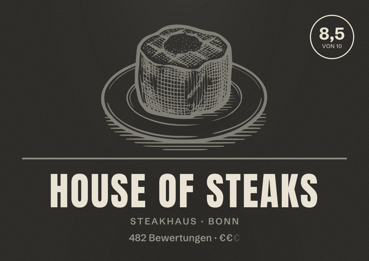 Illustriertes Poster von House of Steaks, Steakhaus in Bonn: Bewertung 8,5 von 10 aus 482 Bewertungen, Preisniveau €€