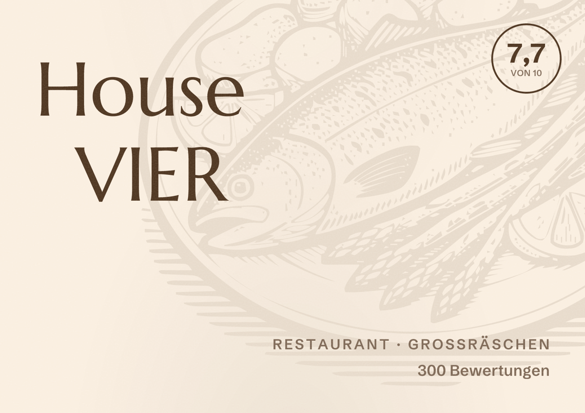 Illustriertes Poster von House VIER, Restaurant in Großräschen: Bewertung 7,7 von 10 aus 300 Bewertungen