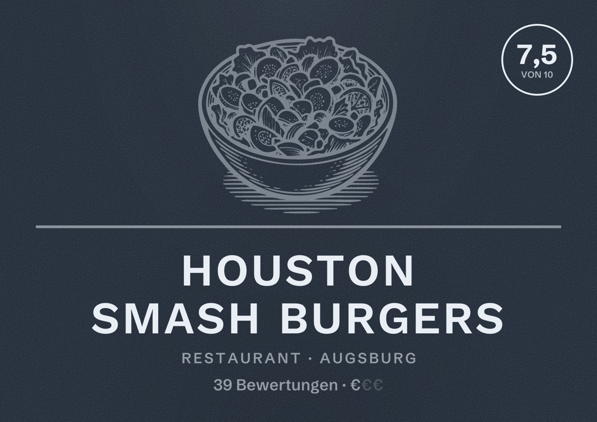 Illustriertes Poster von Houston Smash Burgers, Restaurant in Augsburg: Bewertung 7,5 von 10 aus 39 Bewertungen, Preisniveau €