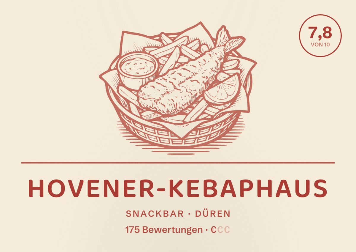 Illustriertes Poster von Hovener-Kebaphaus, Snackbar in Düren: Bewertung 7,8 von 10 aus 175 Bewertungen, Preisniveau €