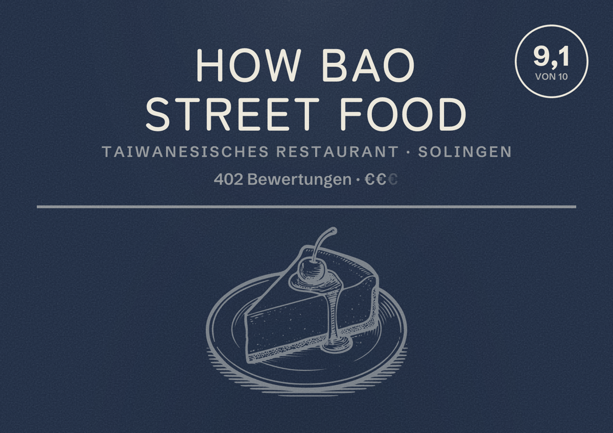 Illustriertes Poster von How Bao Street Food, Taiwanesisches Restaurant in Solingen: Bewertung 9,1 von 10 aus 402 Bewertungen, Preisniveau €€