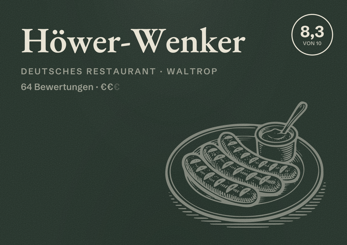Illustriertes Poster von Höwer-Wenker, Deutsches Restaurant in Waltrop: Bewertung 8,3 von 10 aus 64 Bewertungen, Preisniveau €€
