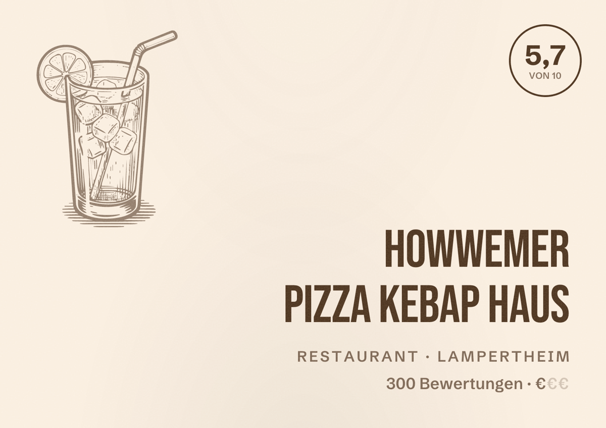 Illustriertes Poster von Howwemer Pizza Kebap Haus, Restaurant in Lampertheim: Bewertung 5,7 von 10 aus 300 Bewertungen, Preisniveau €