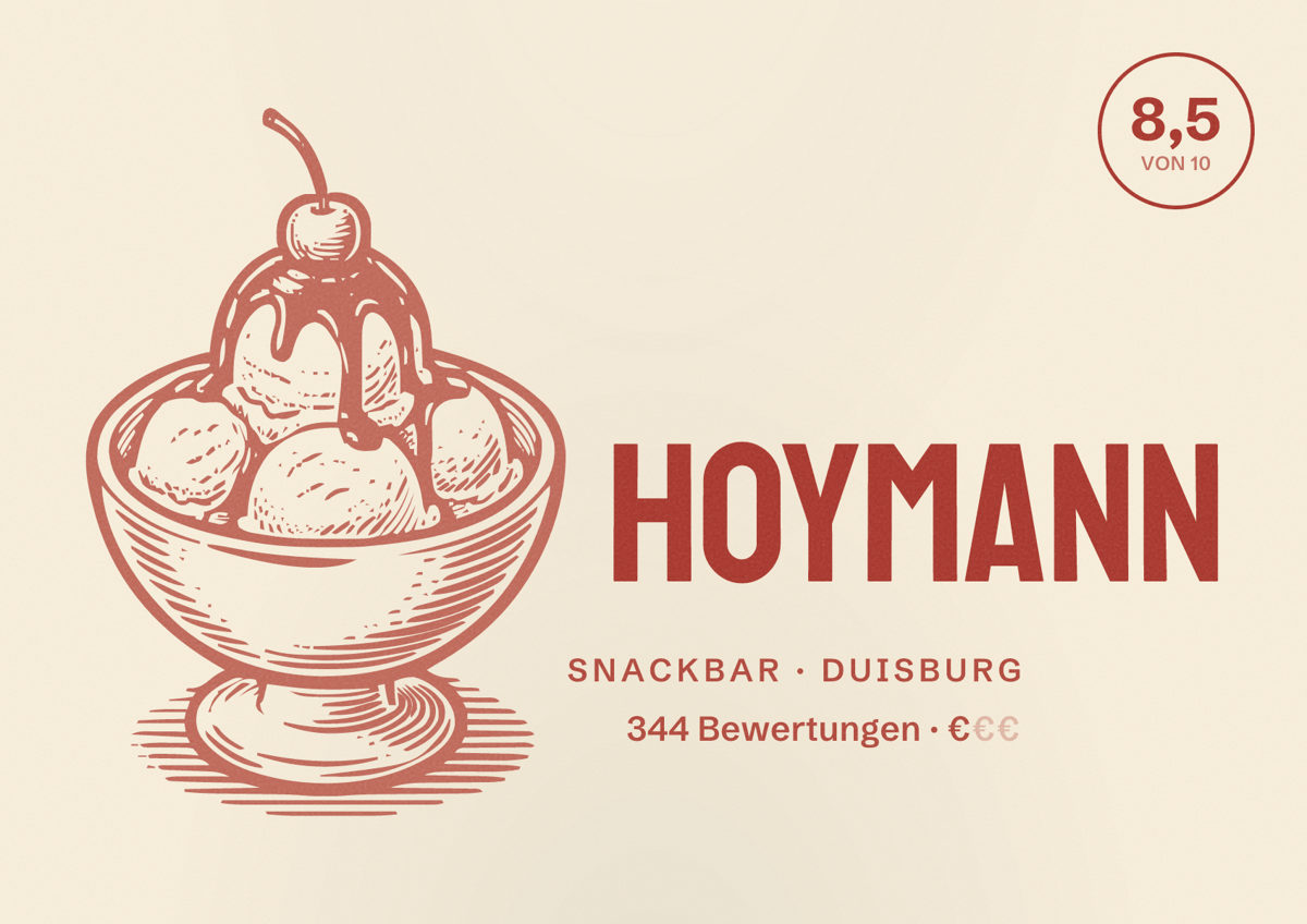 Illustriertes Poster von Hoymann, Snackbar in Duisburg: Bewertung 8,5 von 10 aus 344 Bewertungen, Preisniveau €