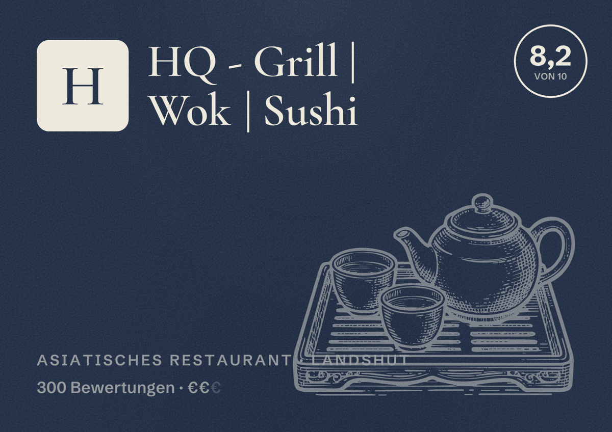 Illustriertes Poster von HQ - Grill | Wok | Sushi, Asiatisches Restaurant in Landshut: Bewertung 8,2 von 10 aus 300 Bewertungen, Preisniveau €€