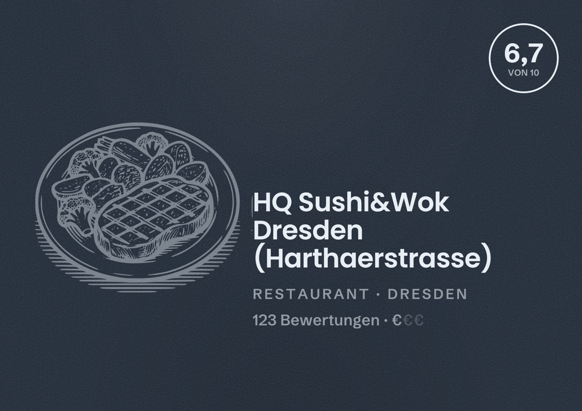 Illustriertes Poster von HQ Sushi&Wok Dresden (Harthaerstrasse), Restaurant in Dresden: Bewertung 6,7 von 10 aus 123 Bewertungen, Preisniveau €