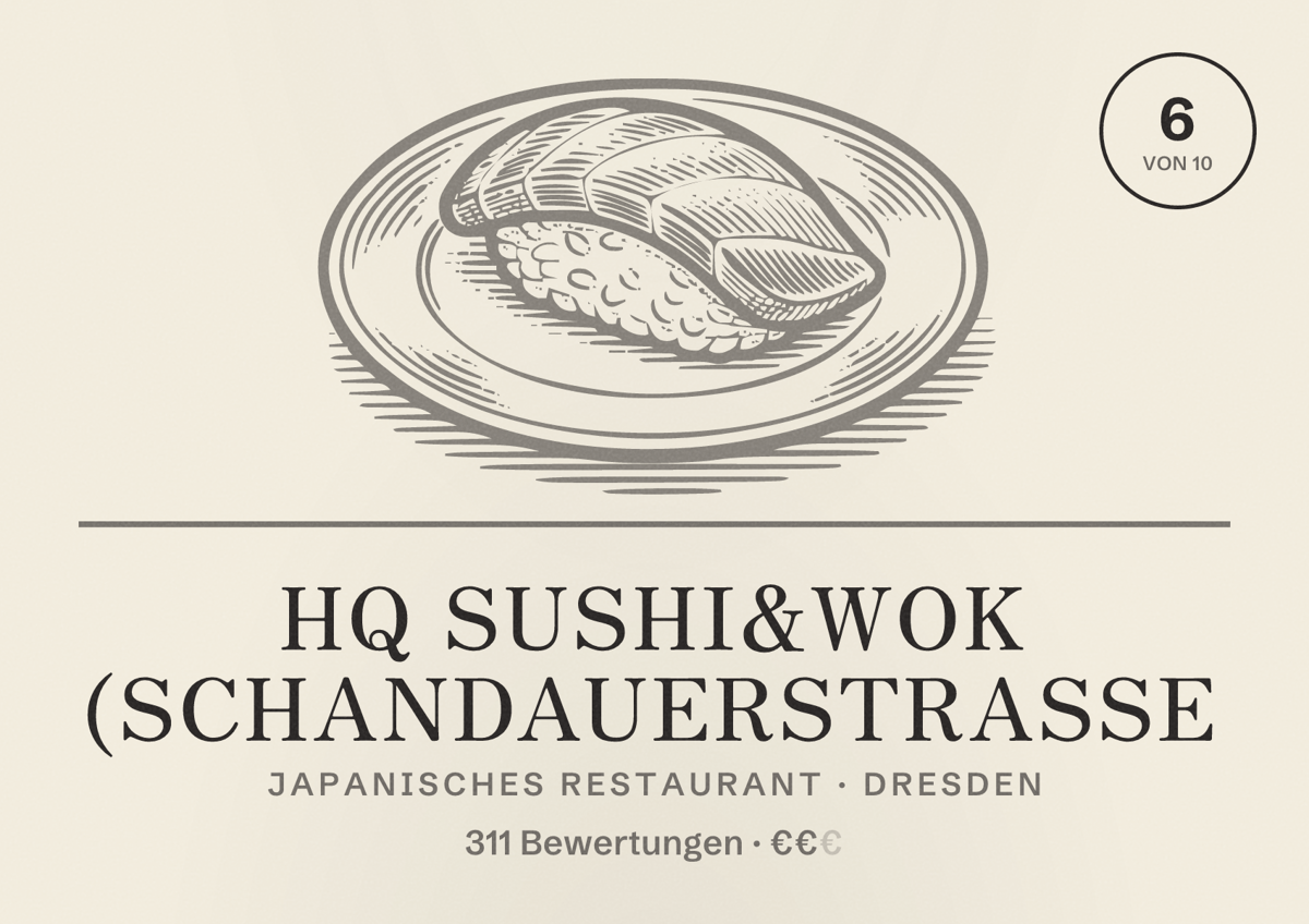 Illustriertes Poster von HQ Sushi&Wok (Schandauerstraße, Japanisches Restaurant in Dresden: Bewertung 6,0 von 10 aus 311 Bewertungen, Preisniveau €€