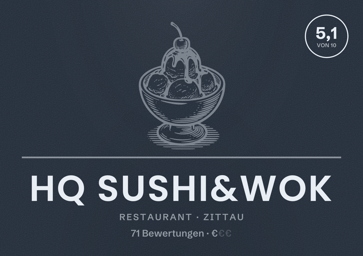 Illustriertes Poster von HQ Sushi&Wok, Restaurant in Zittau: Bewertung 5,1 von 10 aus 71 Bewertungen, Preisniveau €