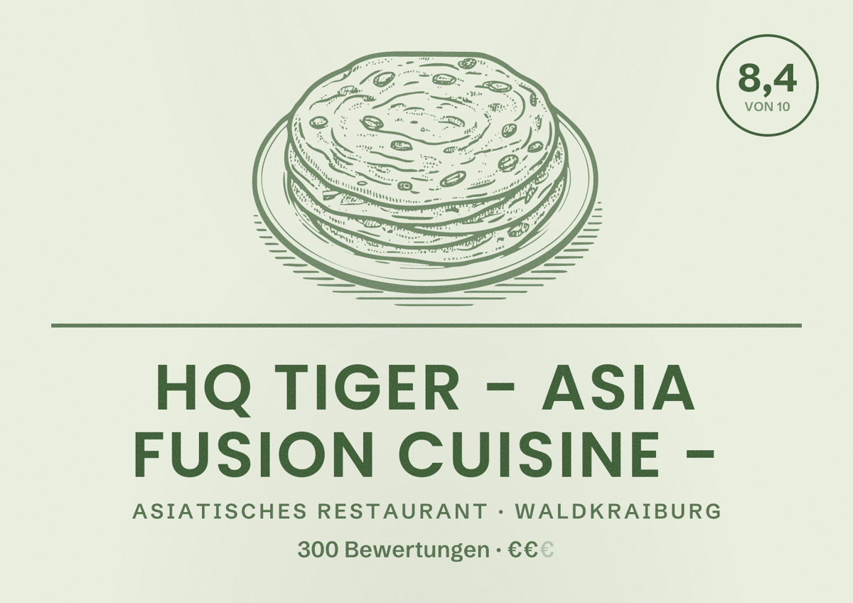 Illustriertes Poster von HQ Tiger - Asia Fusion Cuisine -, Asiatisches Restaurant in Waldkraiburg: Bewertung 8,4 von 10 aus 300 Bewertungen, Preisniveau €€