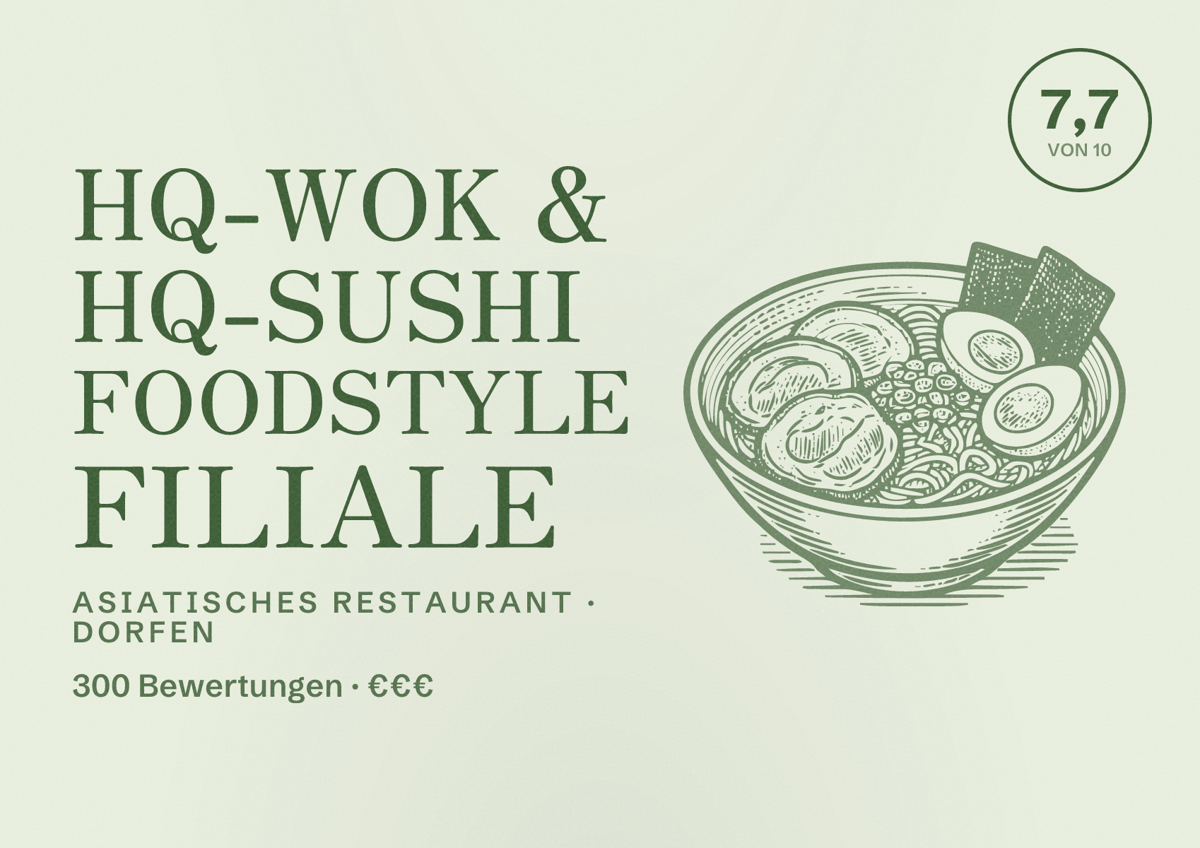 Illustriertes Poster von HQ-WOK & HQ-Sushi foodstyle Filiale, Asiatisches Restaurant in Dorfen: Bewertung 7,7 von 10 aus 300 Bewertungen, Preisniveau €€€