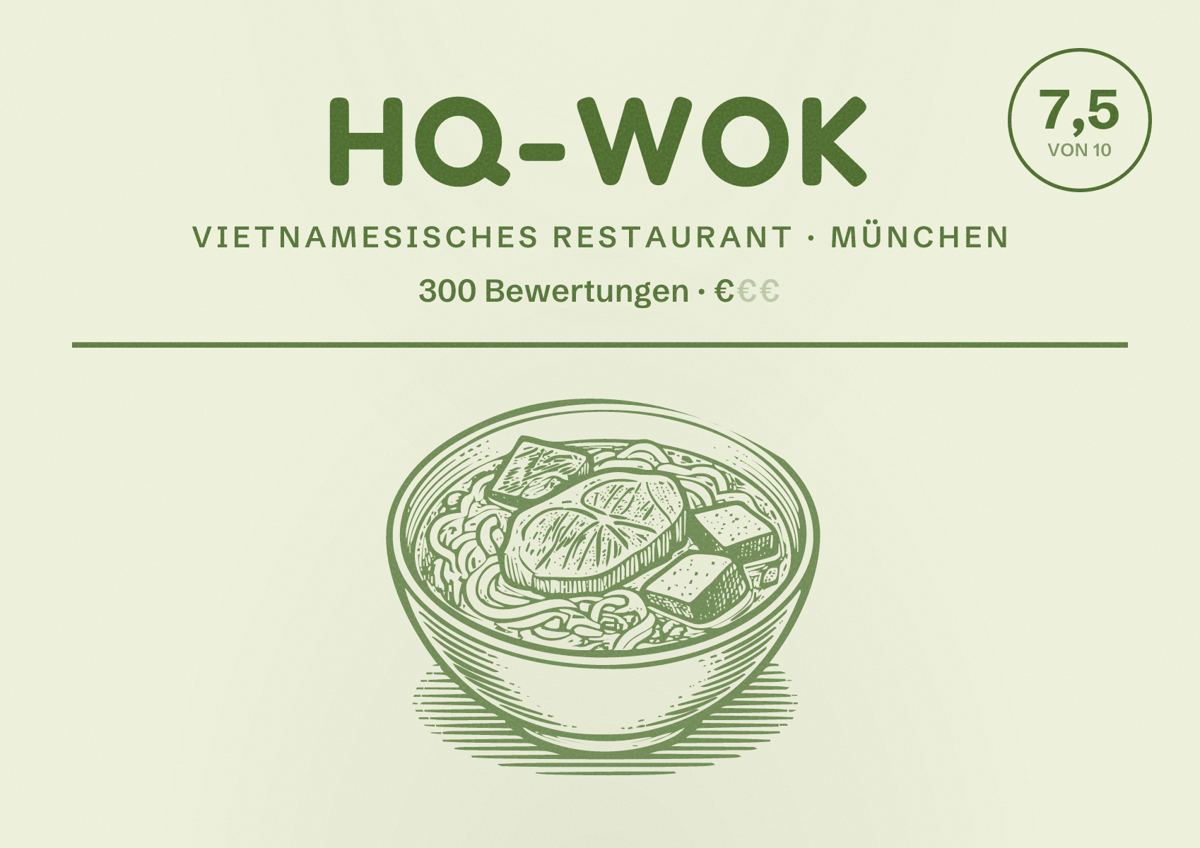 Illustriertes Poster von HQ-Wok, Vietnamesisches Restaurant in München: Bewertung 7,5 von 10 aus 300 Bewertungen, Preisniveau €