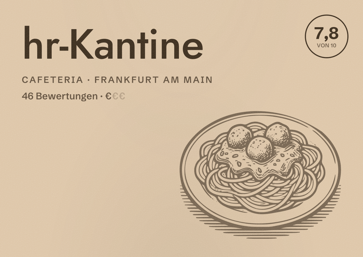 Illustriertes Poster von hr-Kantine, Cafeteria in Frankfurt am Main: Bewertung 7,8 von 10 aus 46 Bewertungen, Preisniveau €