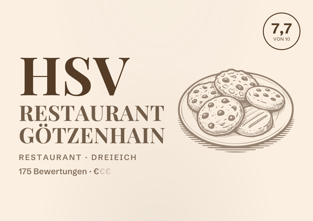Illustriertes Poster von HSV Restaurant Götzenhain, Restaurant in Dreieich: Bewertung 7,7 von 10 aus 175 Bewertungen, Preisniveau €