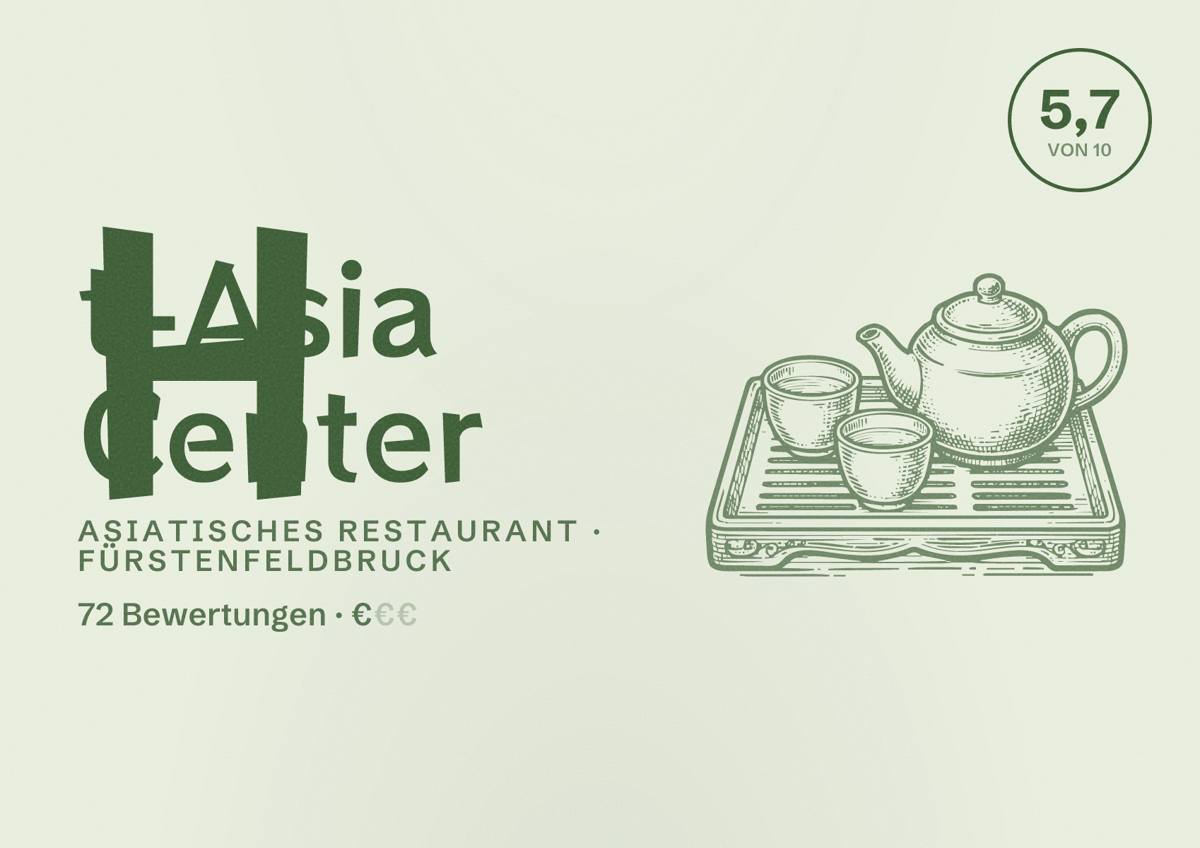 Illustriertes Poster von Ht-Asia Center, Asiatisches Restaurant in Fürstenfeldbruck: Bewertung 5,7 von 10 aus 72 Bewertungen, Preisniveau €