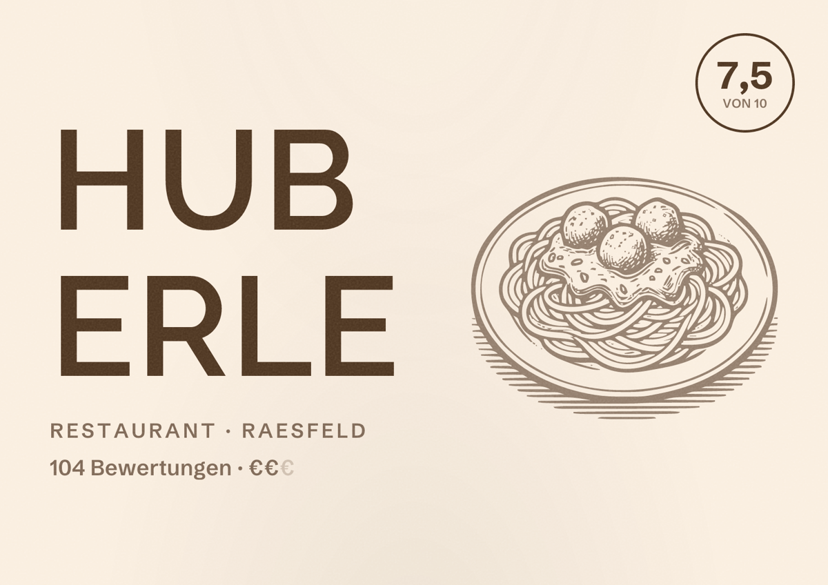 Illustriertes Poster von HUB Erle, Restaurant in Raesfeld: Bewertung 7,5 von 10 aus 104 Bewertungen, Preisniveau €€