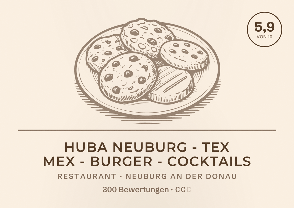 Illustriertes Poster von Huba Neuburg - Tex Mex - Burger - Cocktails, Restaurant in Neuburg an der Donau: Bewertung 5,9 von 10 aus 300 Bewertungen, Preisniveau €€