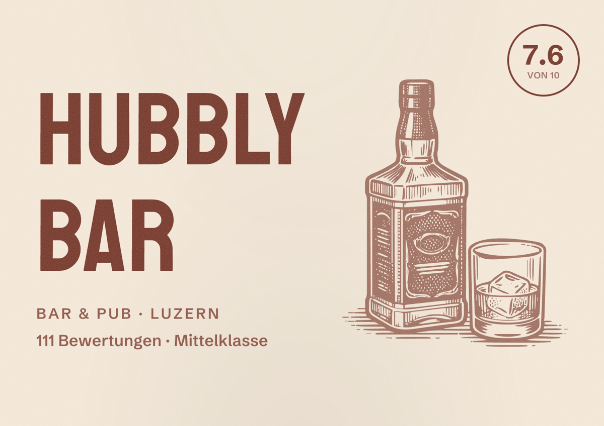 Illustriertes Poster von Hubbly Bar, Bar & Pub in Luzern: Bewertung 7.6 von 10 aus 111 Bewertungen, Preisniveau Mittelklasse
