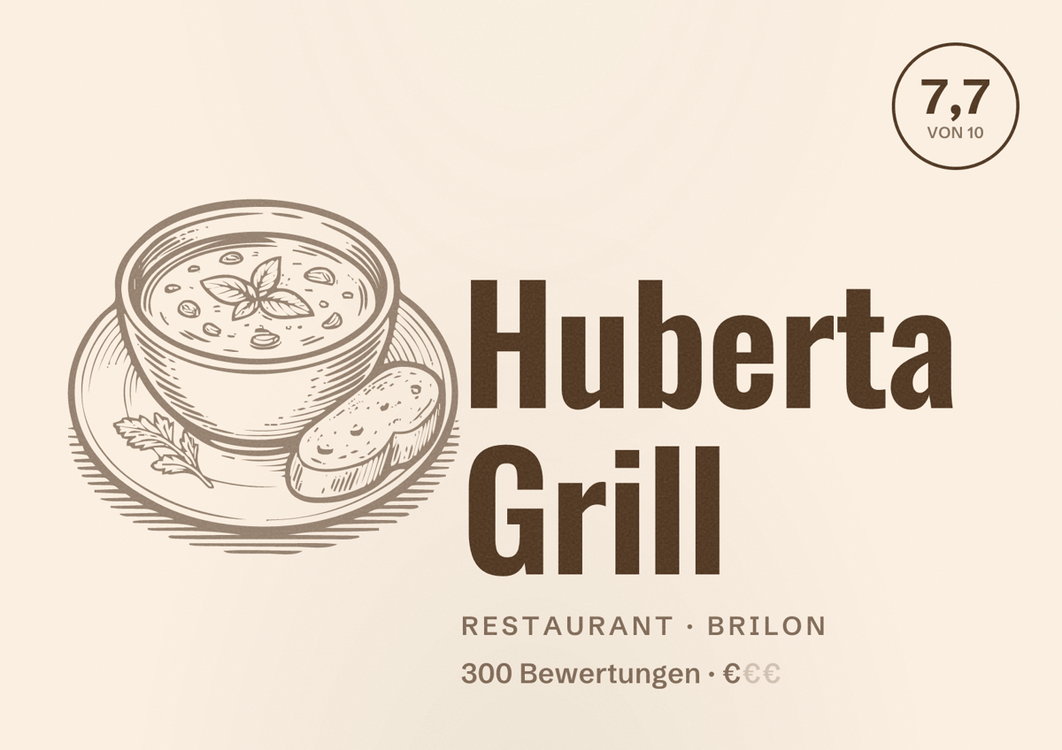 Illustriertes Poster von Huberta Grill, Restaurant in Brilon: Bewertung 7,7 von 10 aus 300 Bewertungen, Preisniveau €