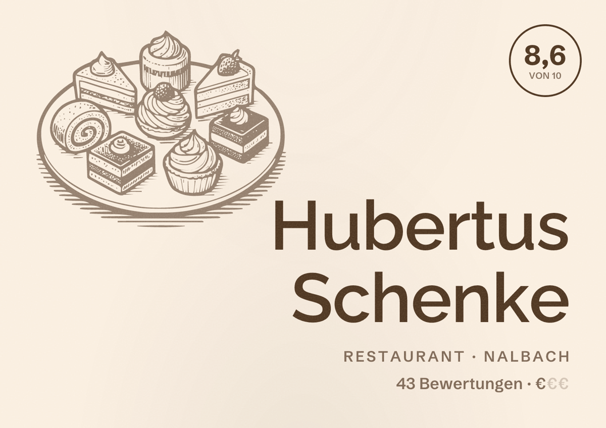 Illustriertes Poster von Hubertus Schenke, Restaurant in Nalbach: Bewertung 8,6 von 10 aus 43 Bewertungen, Preisniveau €