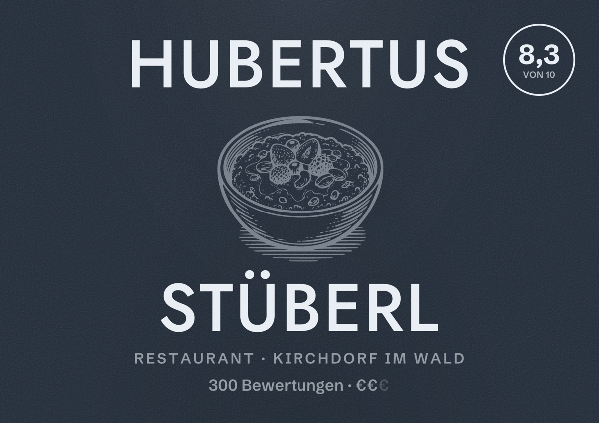 Illustriertes Poster von Hubertus Stüberl, Restaurant in Kirchdorf im Wald: Bewertung 8,3 von 10 aus 300 Bewertungen, Preisniveau €€