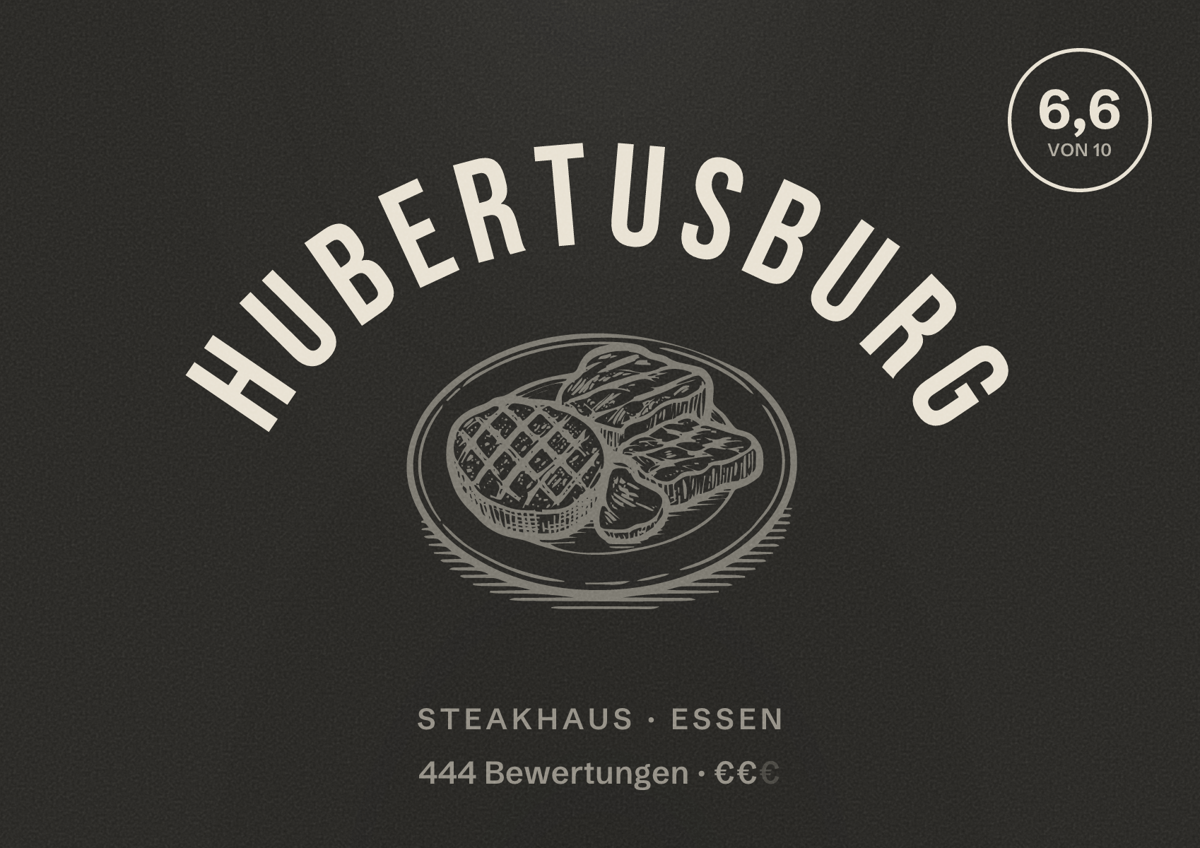 Illustriertes Poster von Hubertusburg, Steakhaus in Essen: Bewertung 6,6 von 10 aus 444 Bewertungen, Preisniveau €€