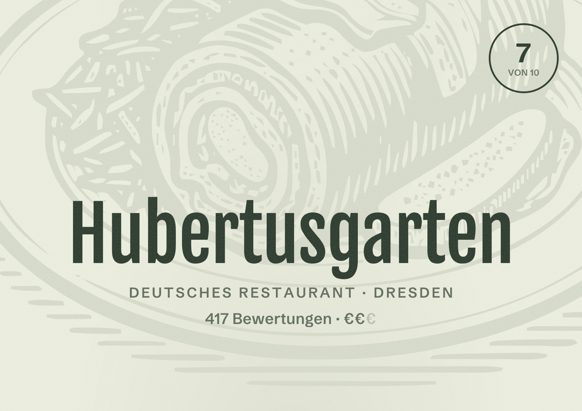 Illustriertes Poster von Hubertusgarten, Deutsches Restaurant in Dresden: Bewertung 7 von 10 aus 417 Bewertungen, Preisniveau €€