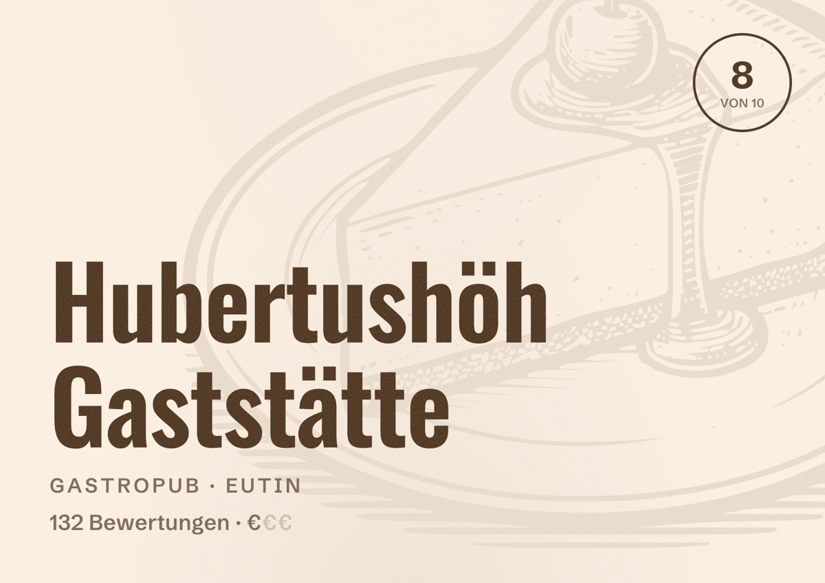 Illustriertes Poster von Hubertushöh Gaststätte, Gastropub in Eutin: Bewertung 8 von 10 aus 132 Bewertungen, Preisniveau €