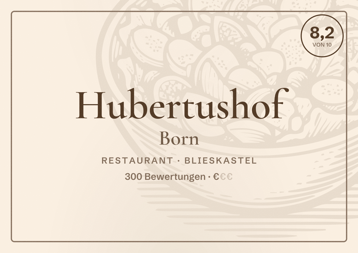 Illustriertes Poster von Hubertushof Born, Restaurant in Blieskastel: Bewertung 8,2 von 10 aus 300 Bewertungen, Preisniveau €