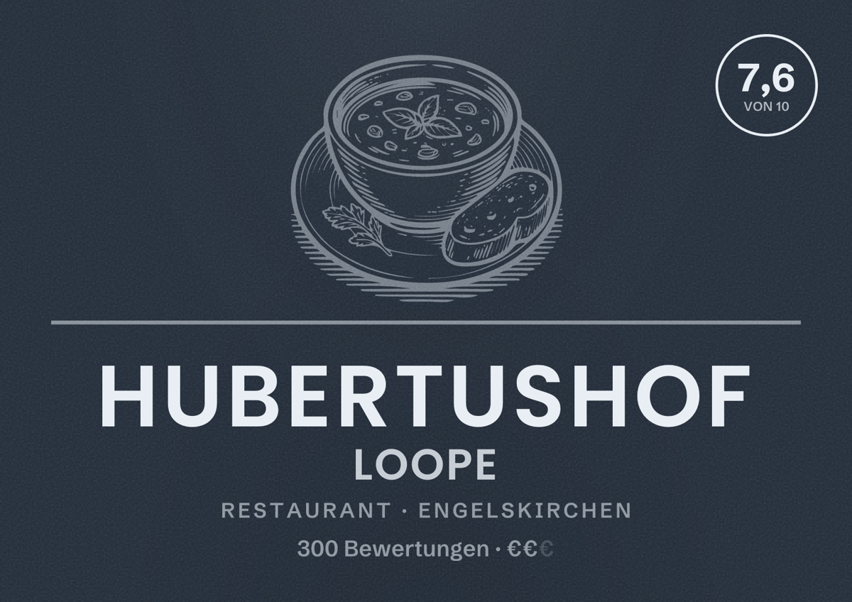 Illustriertes Poster von Hubertushof Loope, Restaurant in Engelskirchen: Bewertung 7,6 von 10 aus 300 Bewertungen, Preisniveau €€