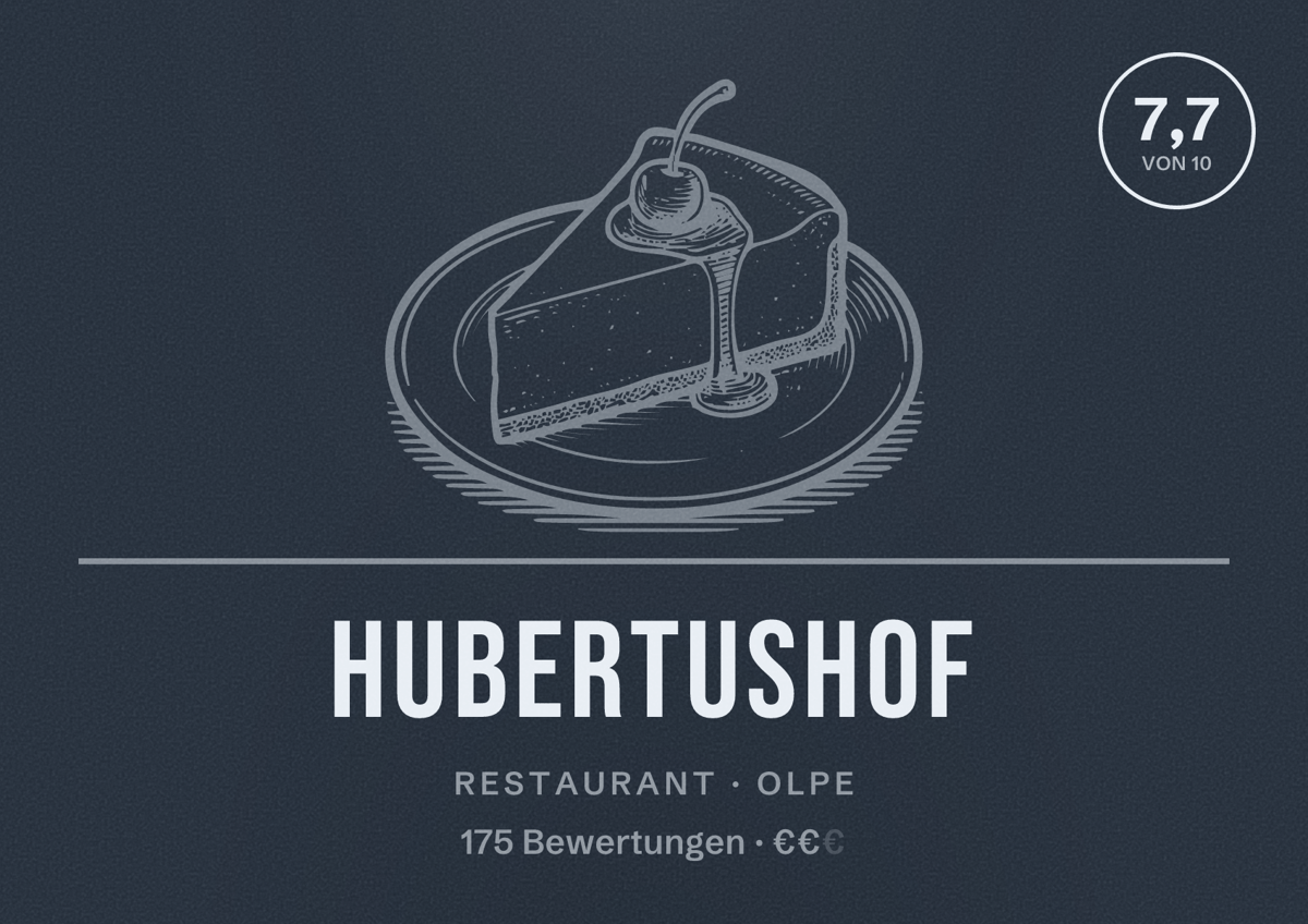 Illustriertes Poster von Hubertushof, Restaurant in Olpe: Bewertung 7,7 von 10 aus 175 Bewertungen, Preisniveau €€