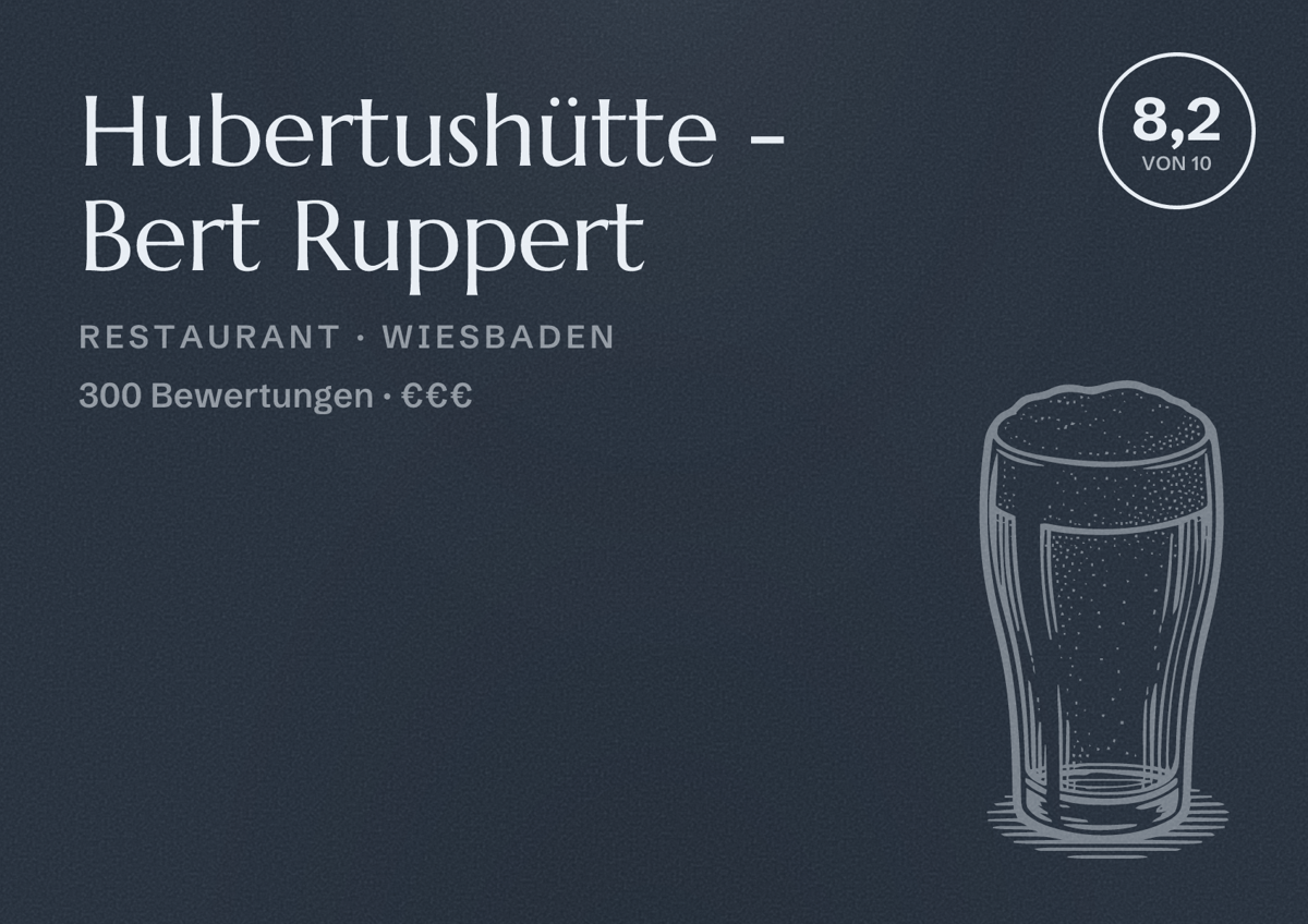 Illustriertes Poster von Hubertushütte - Bert Ruppert, Restaurant in Wiesbaden: Bewertung 8,2 von 10 aus 300 Bewertungen, Preisniveau €€€