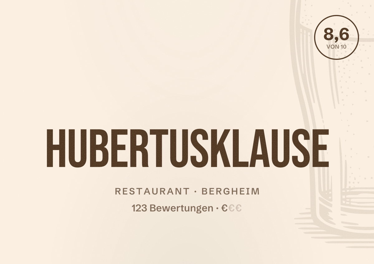 Illustriertes Poster von Hubertusklause, Restaurant in Bergheim: Bewertung 8,6 von 10 aus 123 Bewertungen, Preisniveau €