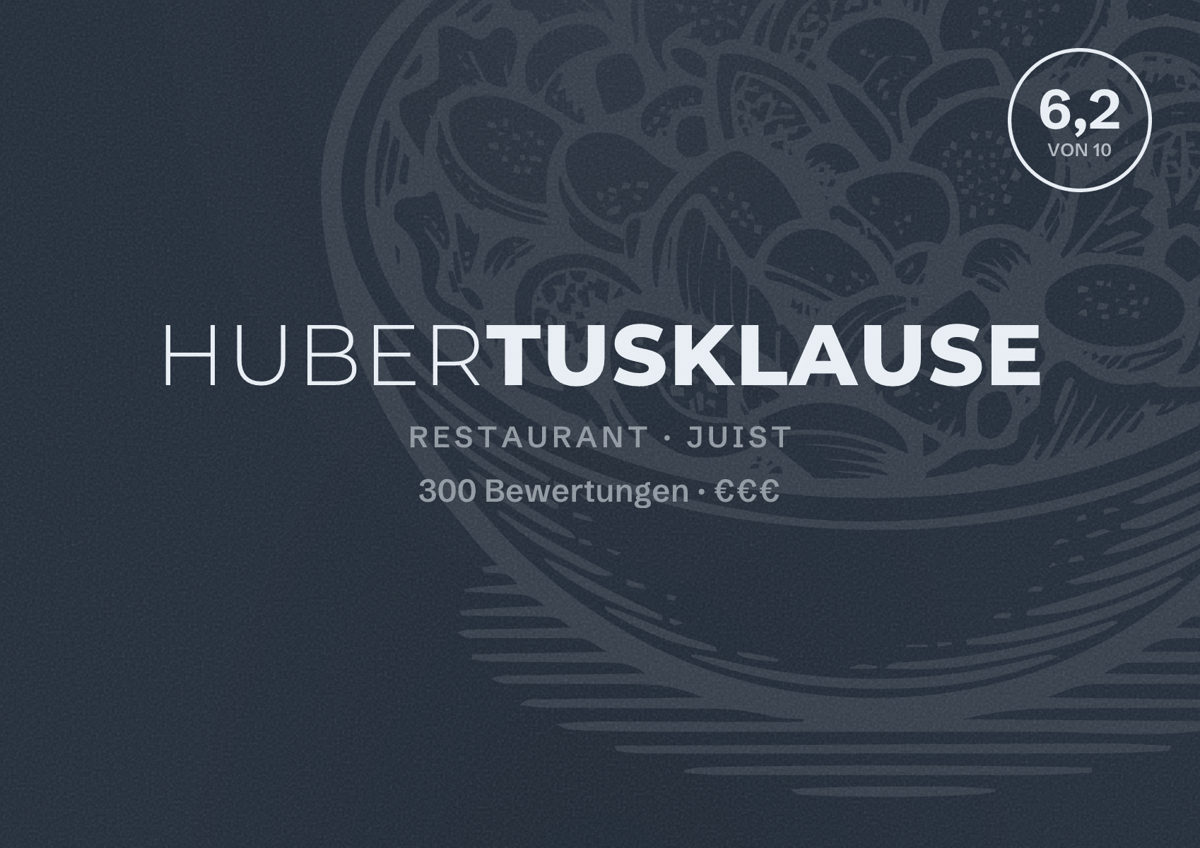 Illustriertes Poster von Hubertusklause, Restaurant in Juist: Bewertung 6,2 von 10 aus 300 Bewertungen, Preisniveau €€€