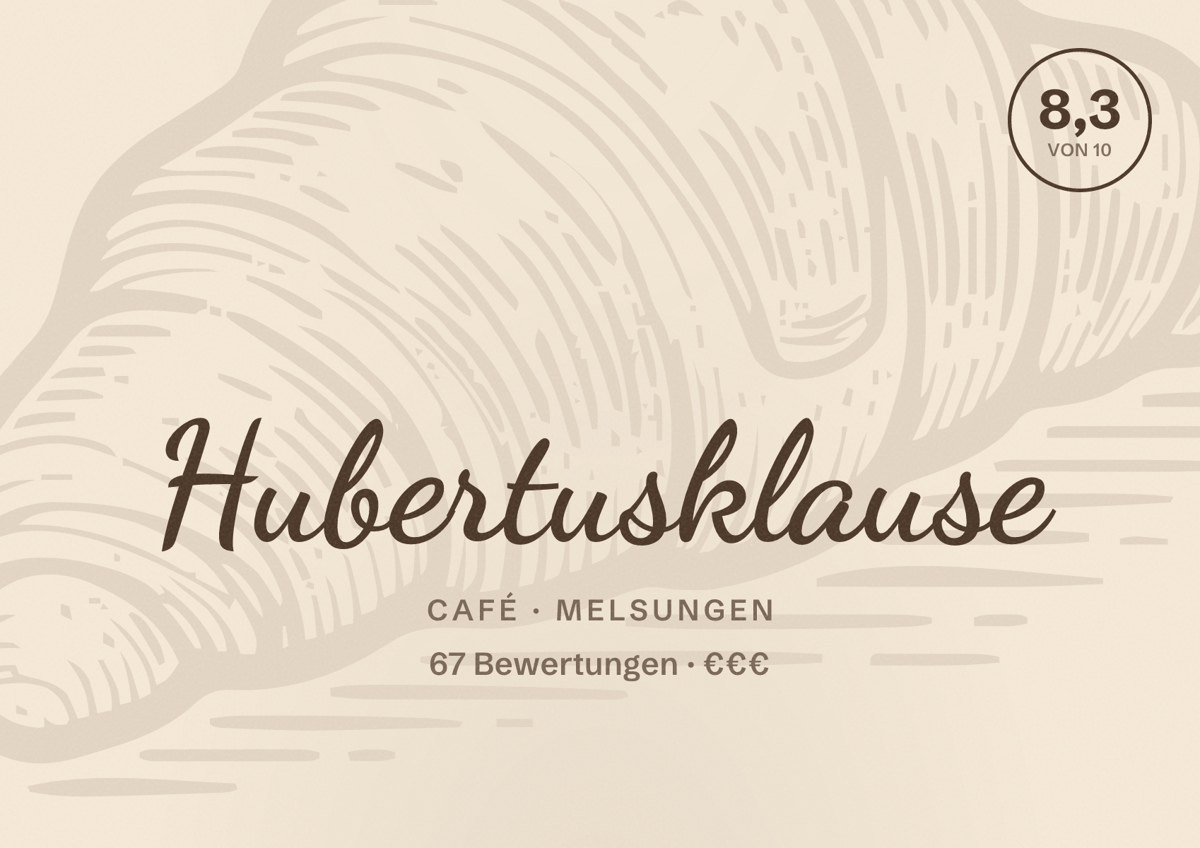 Illustriertes Poster von Hubertusklause, Café in Melsungen: Bewertung 8,3 von 10 aus 67 Bewertungen, Preisniveau €€€