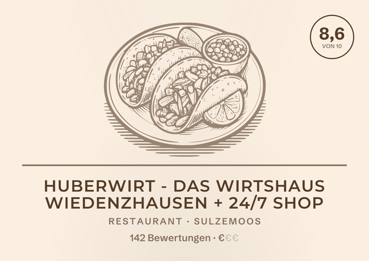 Illustriertes Poster von Huberwirt - Das Wirtshaus Wiedenzhausen + 24/7 Shop, Restaurant in Sulzemoos: Bewertung 8,6 von 10 aus 142 Bewertungen, Preisniveau €