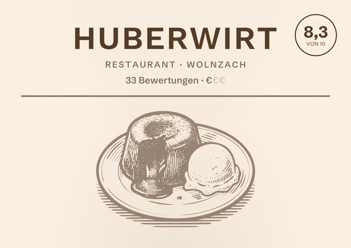 Illustriertes Poster von Huberwirt, Restaurant in Wolnzach: Bewertung 8,3 von 10 aus 33 Bewertungen, Preisniveau €