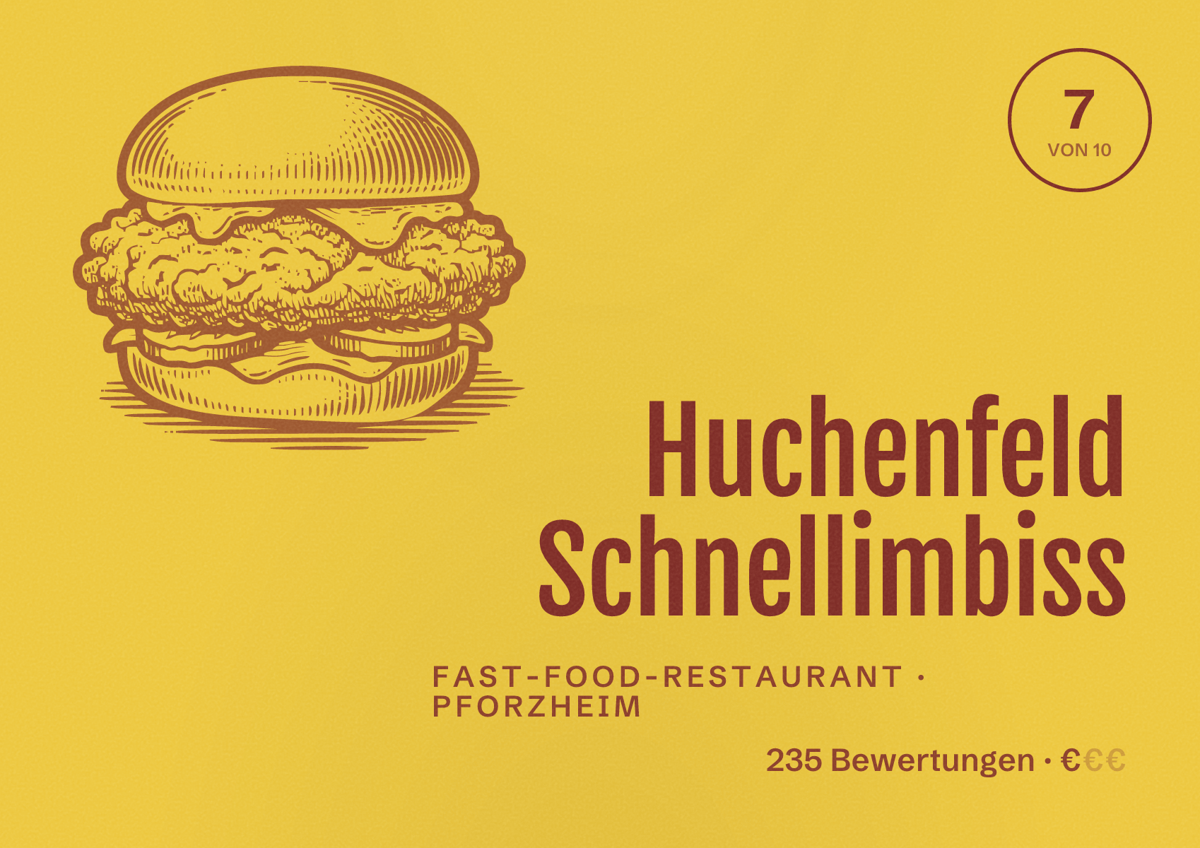Illustriertes Poster von Huchenfeld Schnellimbiss, Fast-Food-Restaurant in Pforzheim: Bewertung 7 von 10 aus 235 Bewertungen, Preisniveau €