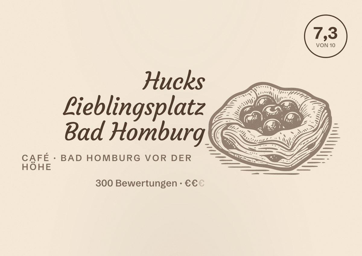 Illustriertes Poster von Hucks Lieblingsplatz Bad Homburg, Café in Bad Homburg vor der Höhe: Bewertung 7,3 von 10 aus 300 Bewertungen, Preisniveau €€