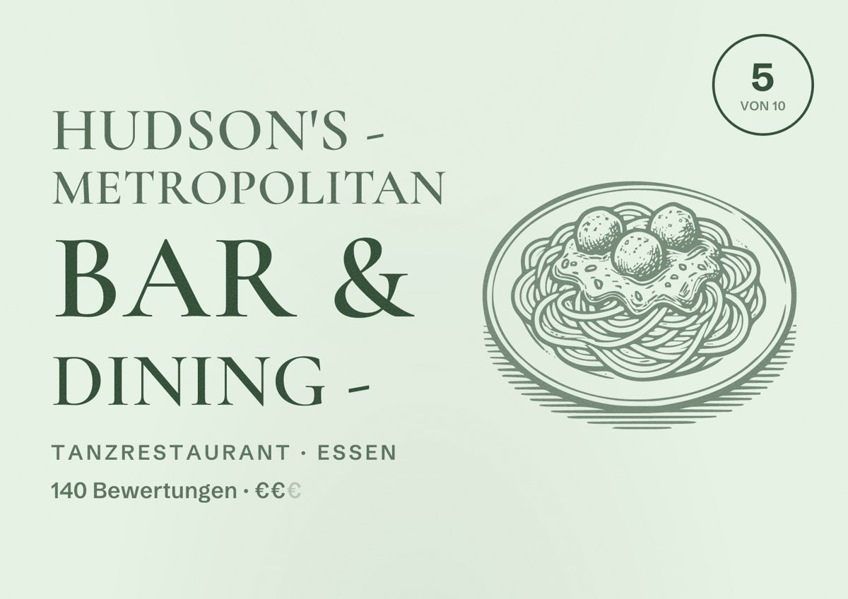 Illustriertes Poster von Hudson's - Metropolitan Bar & Dining -, Tanzrestaurant in Essen: Bewertung 5 von 10 aus 140 Bewertungen, Preisniveau €€