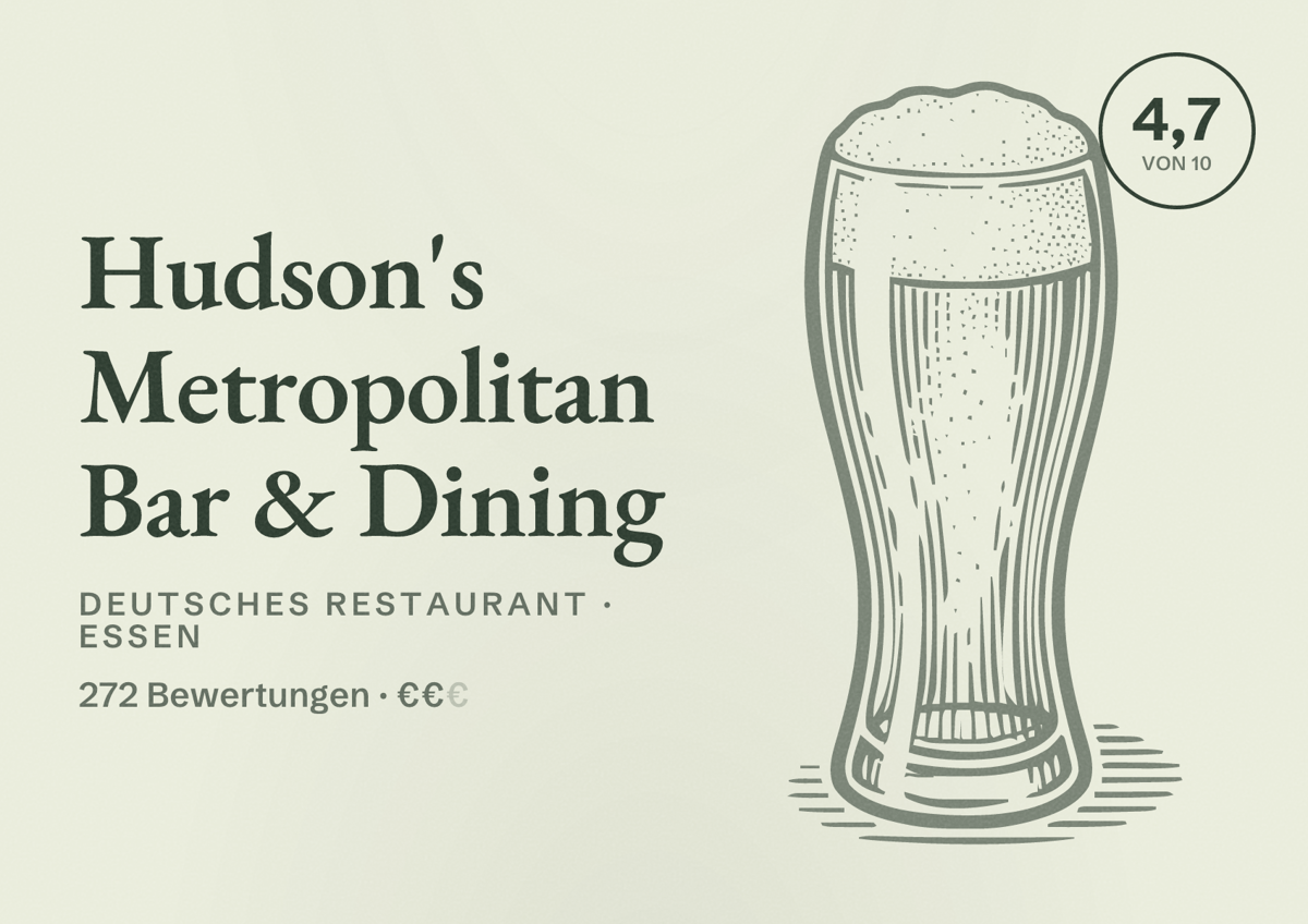 Illustriertes Poster von Hudson's Metropolitan Bar & Dining, Deutsches Restaurant in Essen: Bewertung 4,7 von 10 aus 272 Bewertungen, Preisniveau €€