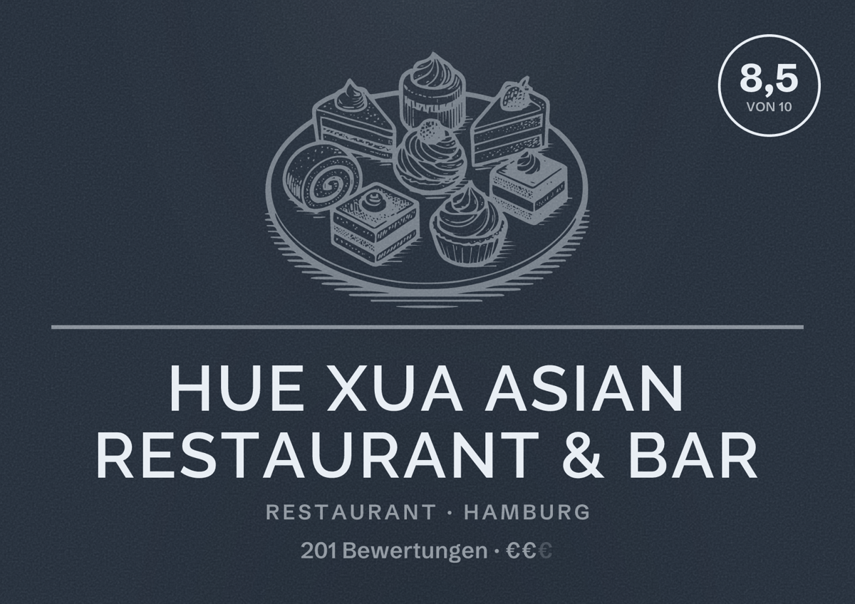 Illustriertes Poster von Hue Xua Asian Restaurant & Bar, Restaurant in Hamburg: Bewertung 8,5 von 10 aus 201 Bewertungen, Preisniveau €€